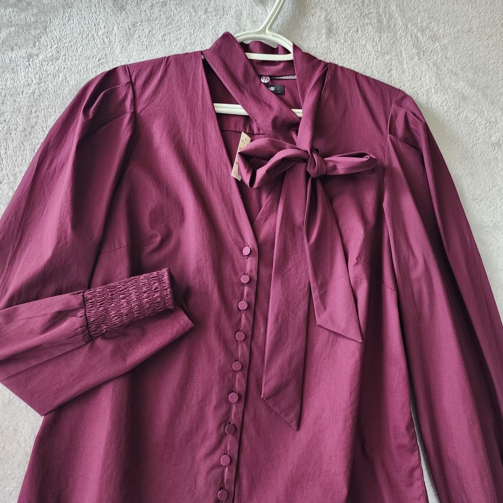 Madewell Top Womens Size Medium Cotton Poplin Puff Sleeve Neck Tie Button NWT